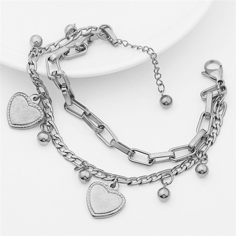 Women's Elegant Stainless Steel Double Layer Bracelet - Punk Style Silver Color, Durable & Hypoallergenic - All Season Essentials | Stylish Party Ornament | Hand Decoration
