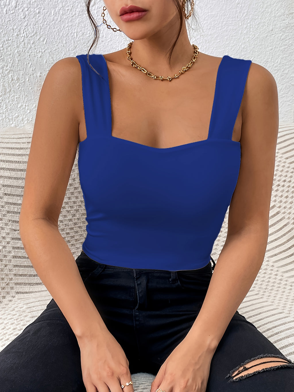 Women's Basic Solid Crop Tank Top, Casual Stretchy Sleeveless Tank Top, Casual Every Day Tops, Women's Clothing