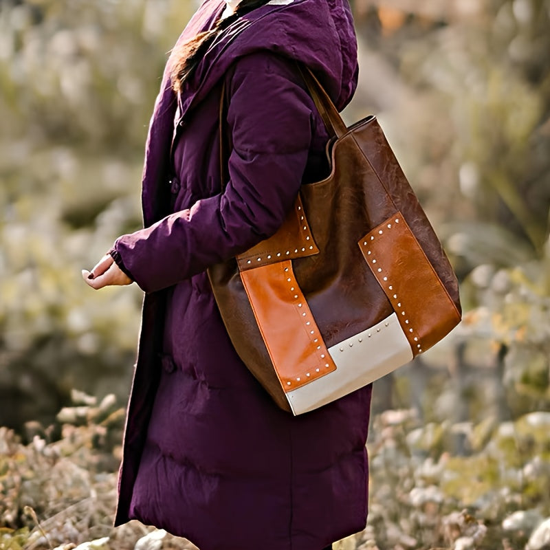 Vintage Patchwork Tote Bag, Retro Colorblock Shoulder Bag, Handbag