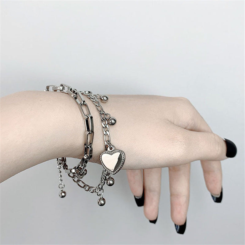 Women's Elegant Stainless Steel Double Layer Bracelet - Punk Style Silver Color, Durable & Hypoallergenic - All Season Essentials | Stylish Party Ornament | Hand Decoration