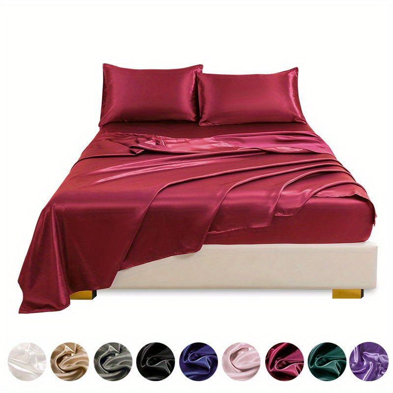 4pcs Satin Bed Sheet Four-Piece Set Includes One Fitted Sheet, One Flat Sheet, And Two Pillowcases. Pillowcases Do Not Include Inserts. Solid Colors Showcase Simple Elegance. The Simple Style Is Classic And Timeless. Polyeste