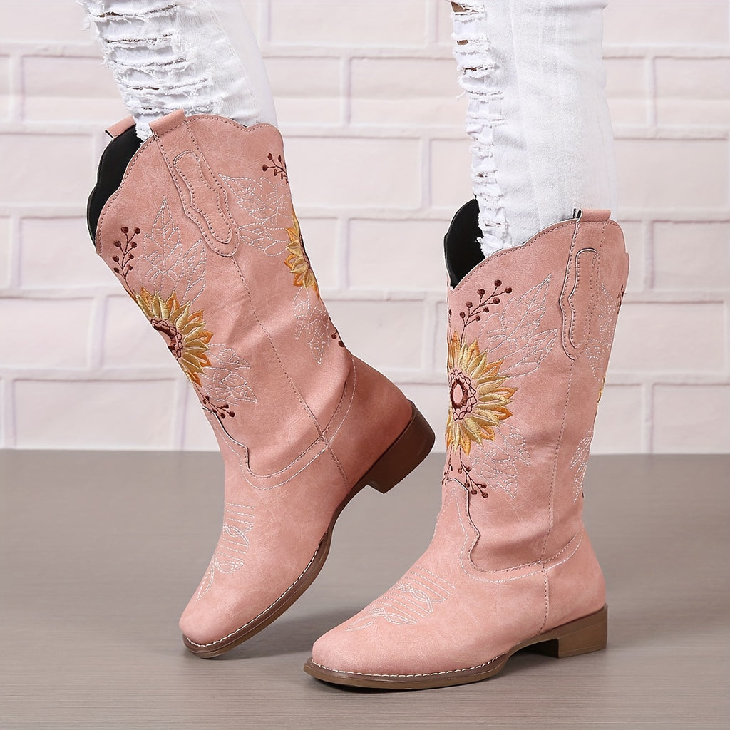 [Mid Calf Embroidered Western Boots] Women's Embroidered Mid Calf Western Boots, Faux Leather Fashion Boots, Women's Footwear