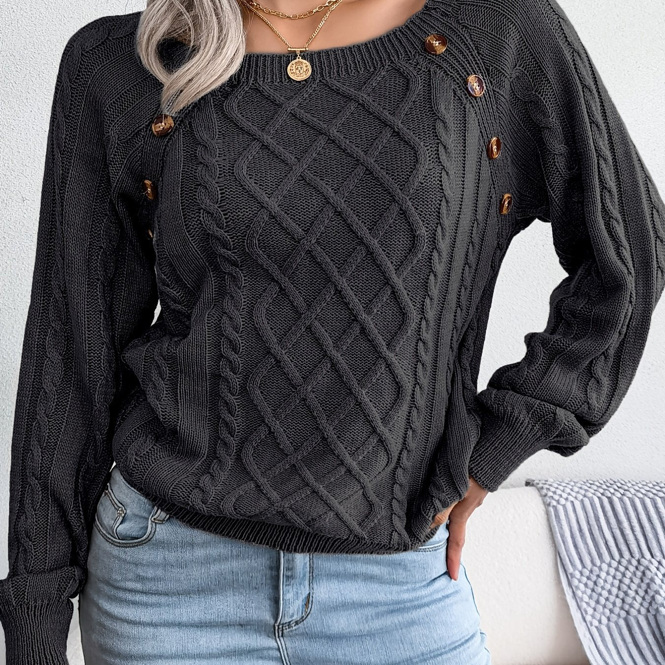 Autumn/Winter European and American Casual Solid Color Square Neck Button Twist Long Sleeve Pullover Sweater
