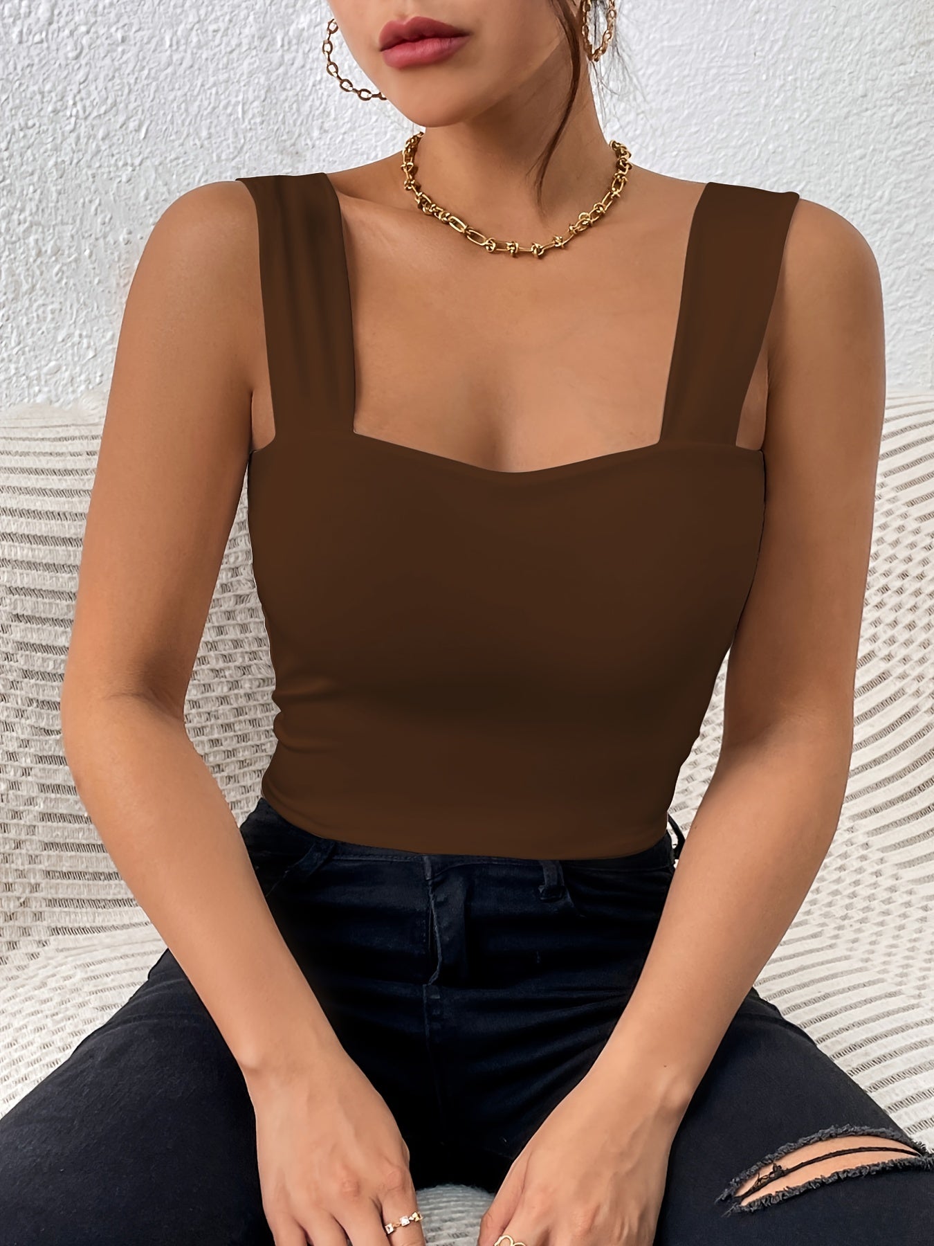 Women's Basic Solid Crop Tank Top, Casual Stretchy Sleeveless Tank Top, Casual Every Day Tops, Women's Clothing
