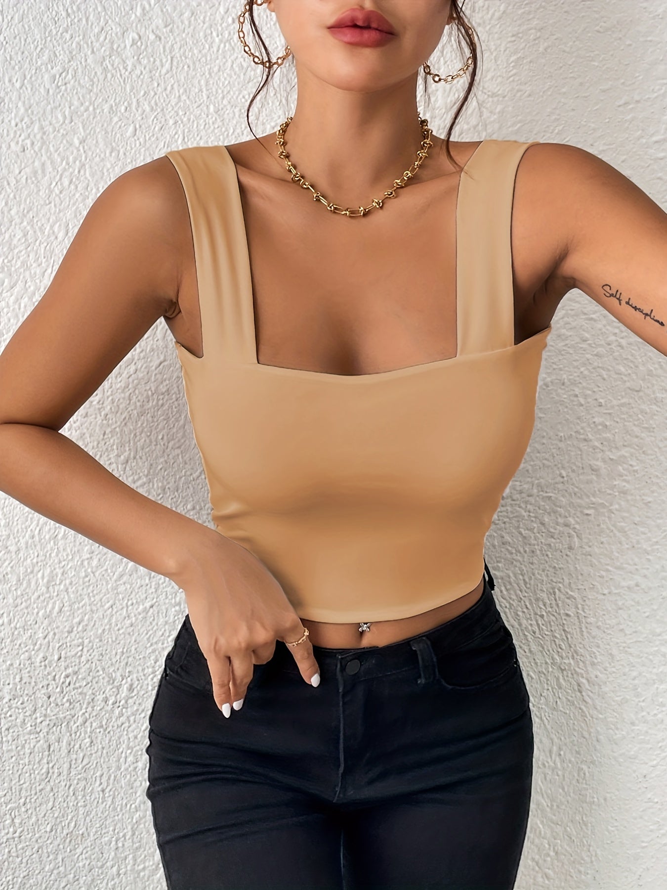 Women's Basic Solid Crop Tank Top, Casual Stretchy Sleeveless Tank Top, Casual Every Day Tops, Women's Clothing