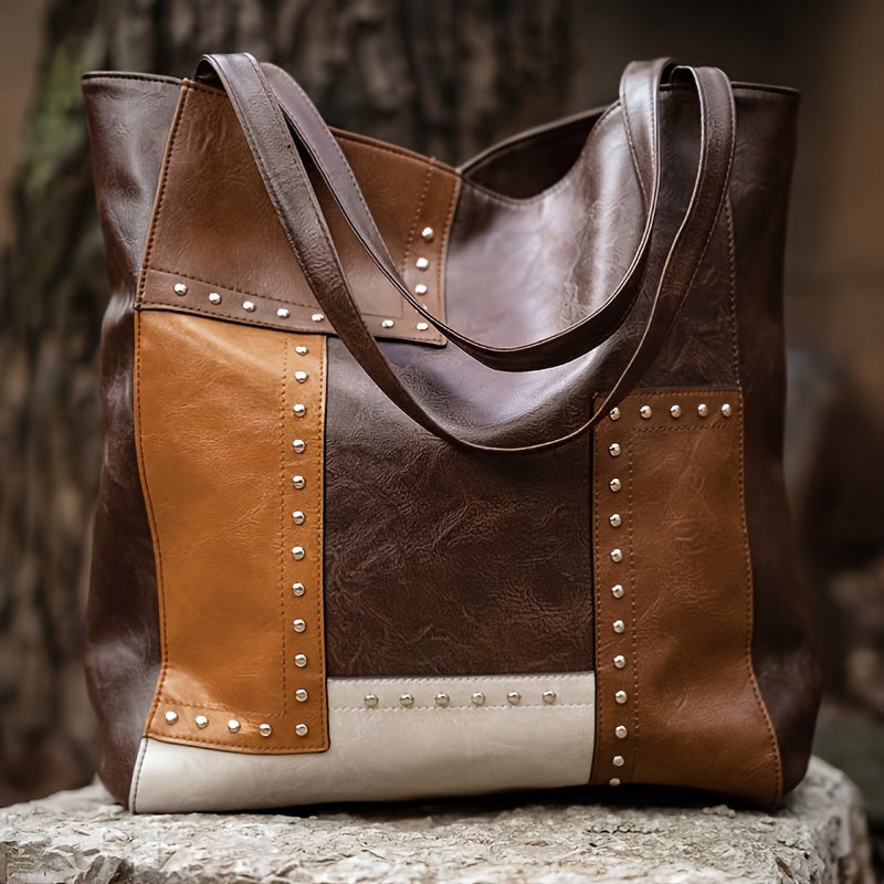 Vintage Patchwork Tote Bag, Retro Colorblock Shoulder Bag, Handbag