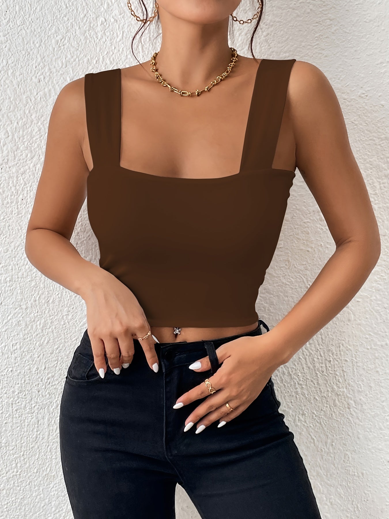 Women's Basic Solid Crop Tank Top, Casual Stretchy Sleeveless Tank Top, Casual Every Day Tops, Women's Clothing