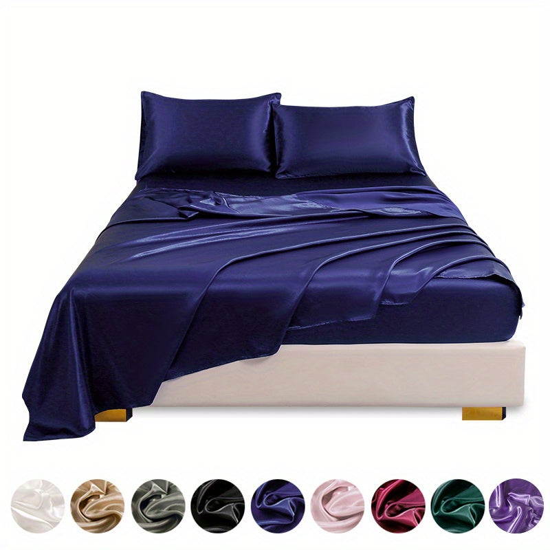 4pcs Satin Bed Sheet Four-Piece Set Includes One Fitted Sheet, One Flat Sheet, And Two Pillowcases. Pillowcases Do Not Include Inserts. Solid Colors Showcase Simple Elegance. The Simple Style Is Classic And Timeless. Polyeste