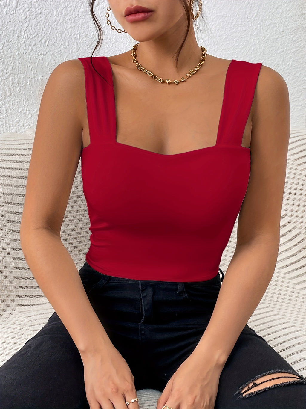 Women's Basic Solid Crop Tank Top, Casual Stretchy Sleeveless Tank Top, Casual Every Day Tops, Women's Clothing