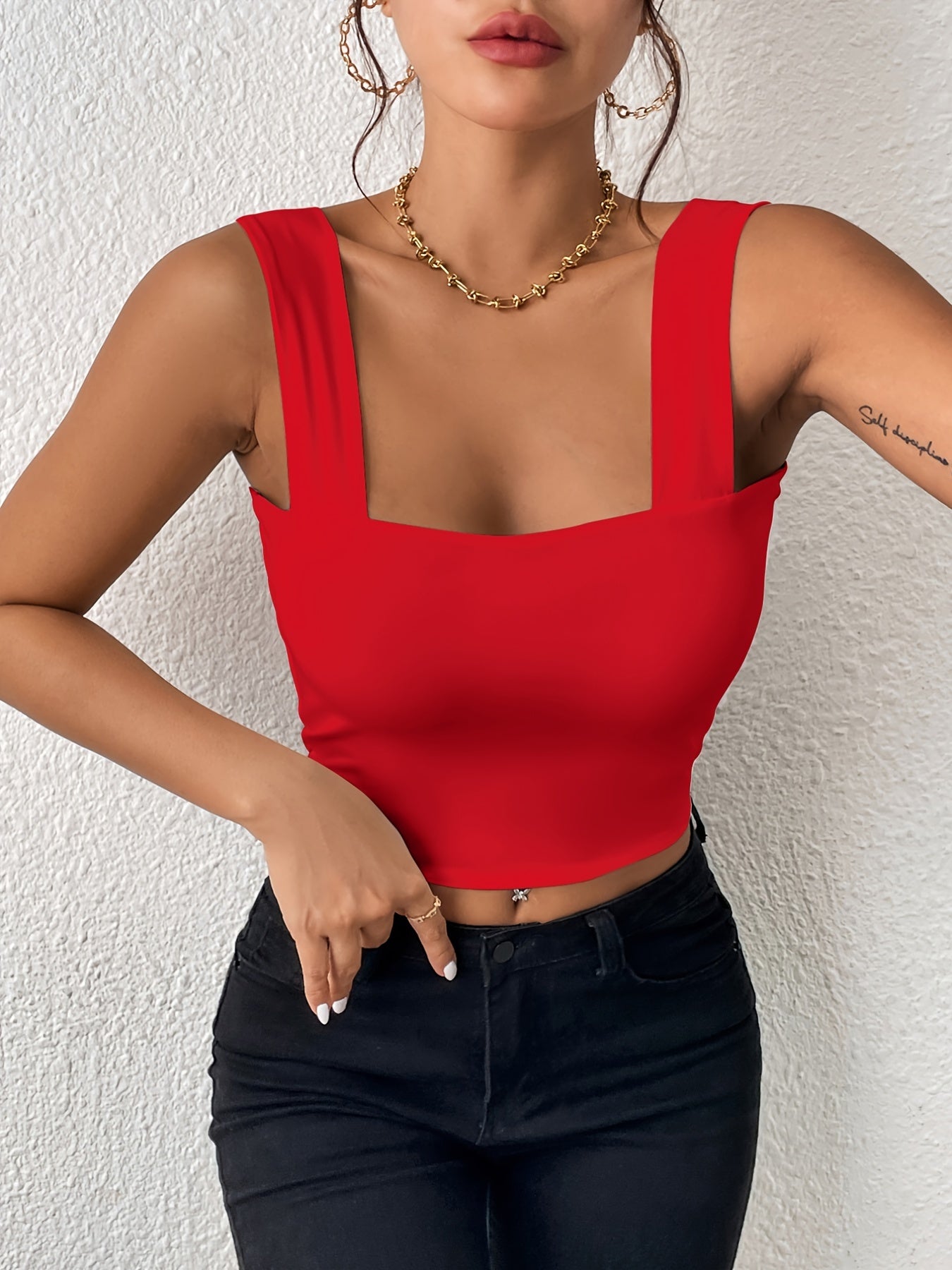 Women's Basic Solid Crop Tank Top, Casual Stretchy Sleeveless Tank Top, Casual Every Day Tops, Women's Clothing