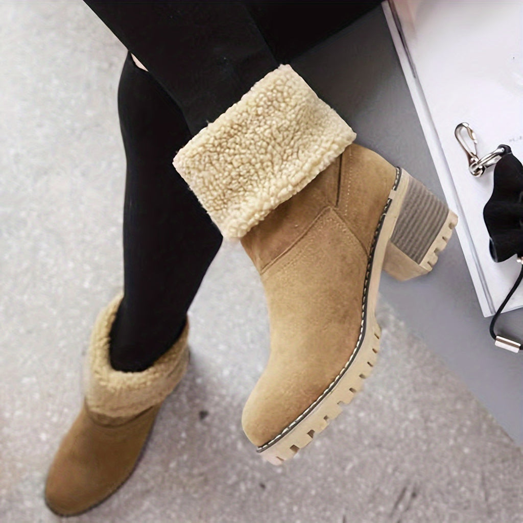 Women's Warm Faux Fur Lined Boots, Slip On Block Heeled Ankle Boots, Women's Footwear