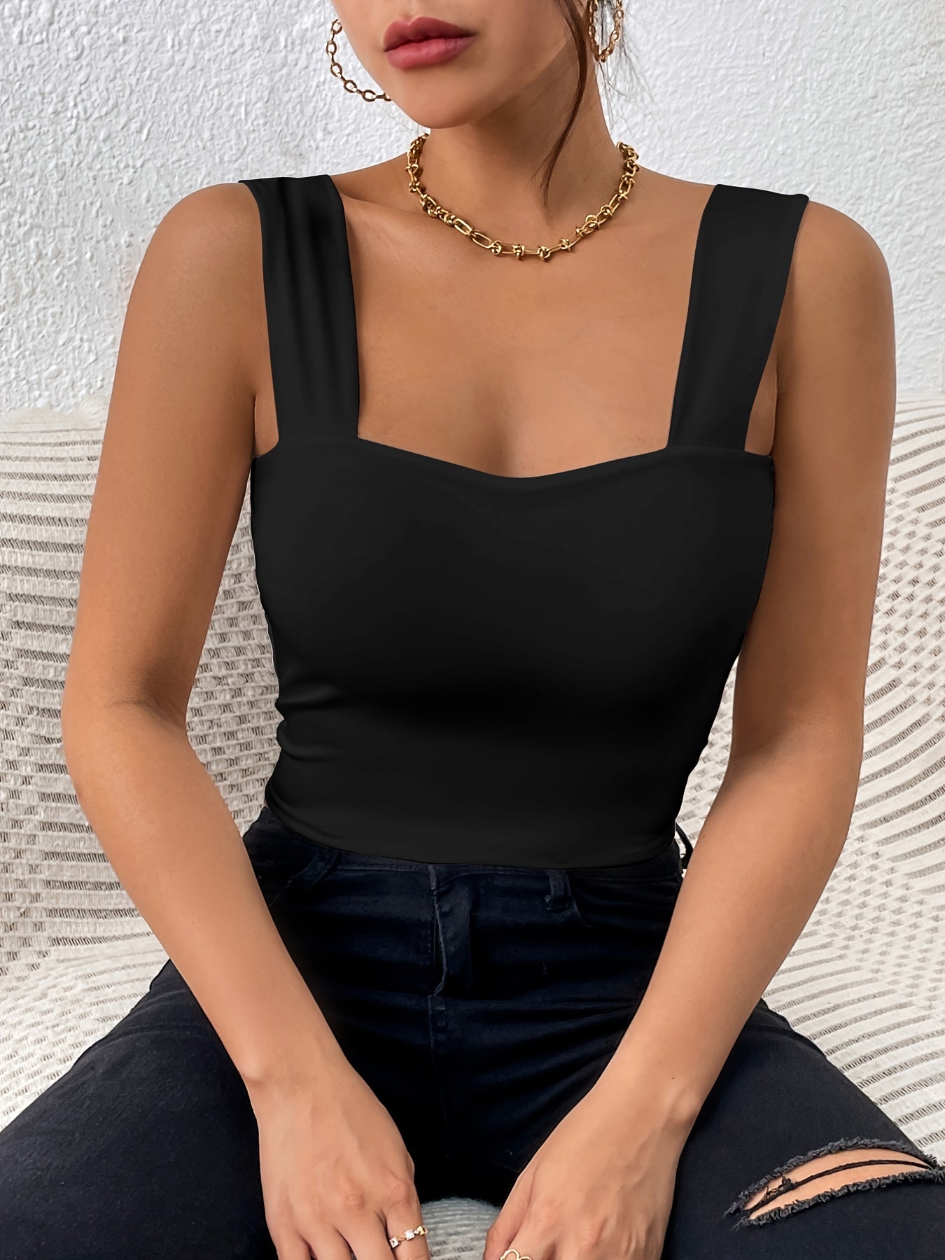 Women's Basic Solid Crop Tank Top, Casual Stretchy Sleeveless Tank Top, Casual Every Day Tops, Women's Clothing