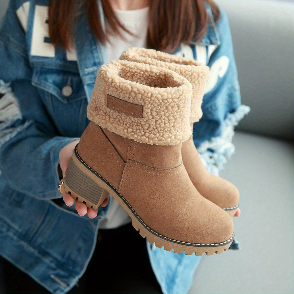 Women's Warm Faux Fur Lined Boots, Slip On Block Heeled Ankle Boots, Women's Footwear