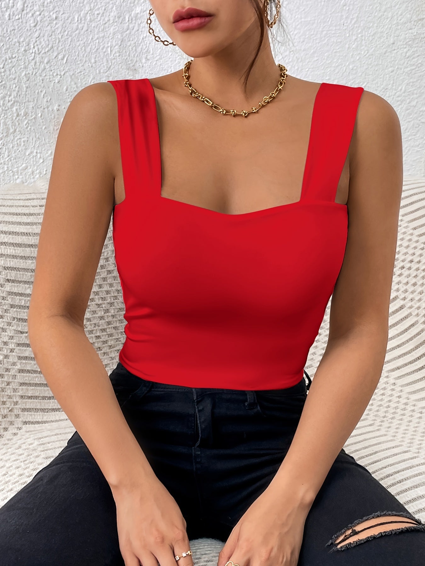 Women's Basic Solid Crop Tank Top, Casual Stretchy Sleeveless Tank Top, Casual Every Day Tops, Women's Clothing