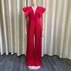 D196 Top Quality Flare Sleeve Temperament Pleated Patchwork Deep V Neck Jumpsuit Women Floor Length Wide Leg Jumpsuit