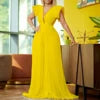 D196 Top Quality Flare Sleeve Temperament Pleated Patchwork Deep V Neck Jumpsuit Women Floor Length Wide Leg Jumpsuit