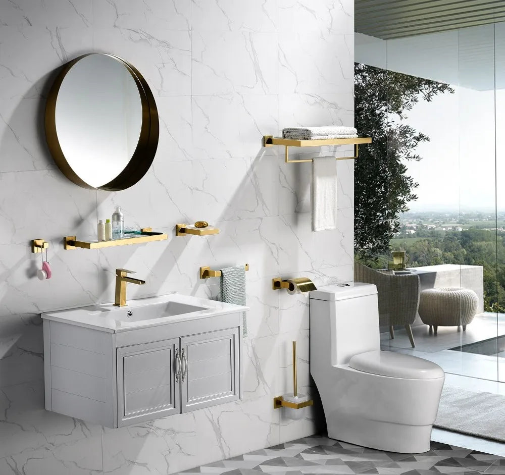 Modern Single-Hole Deck Mounted Brass Lavatory Brushed Gold Wash Basin Hot Cold Mixer Taps Single Handle Ceramic Valve Core