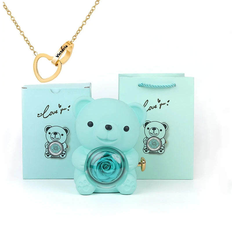 2026 Heart Engraved Name Necklace and Rotating Eternal Rose Flower Hug Bear Jewelry Box Lovely Bear  for Girl/Women