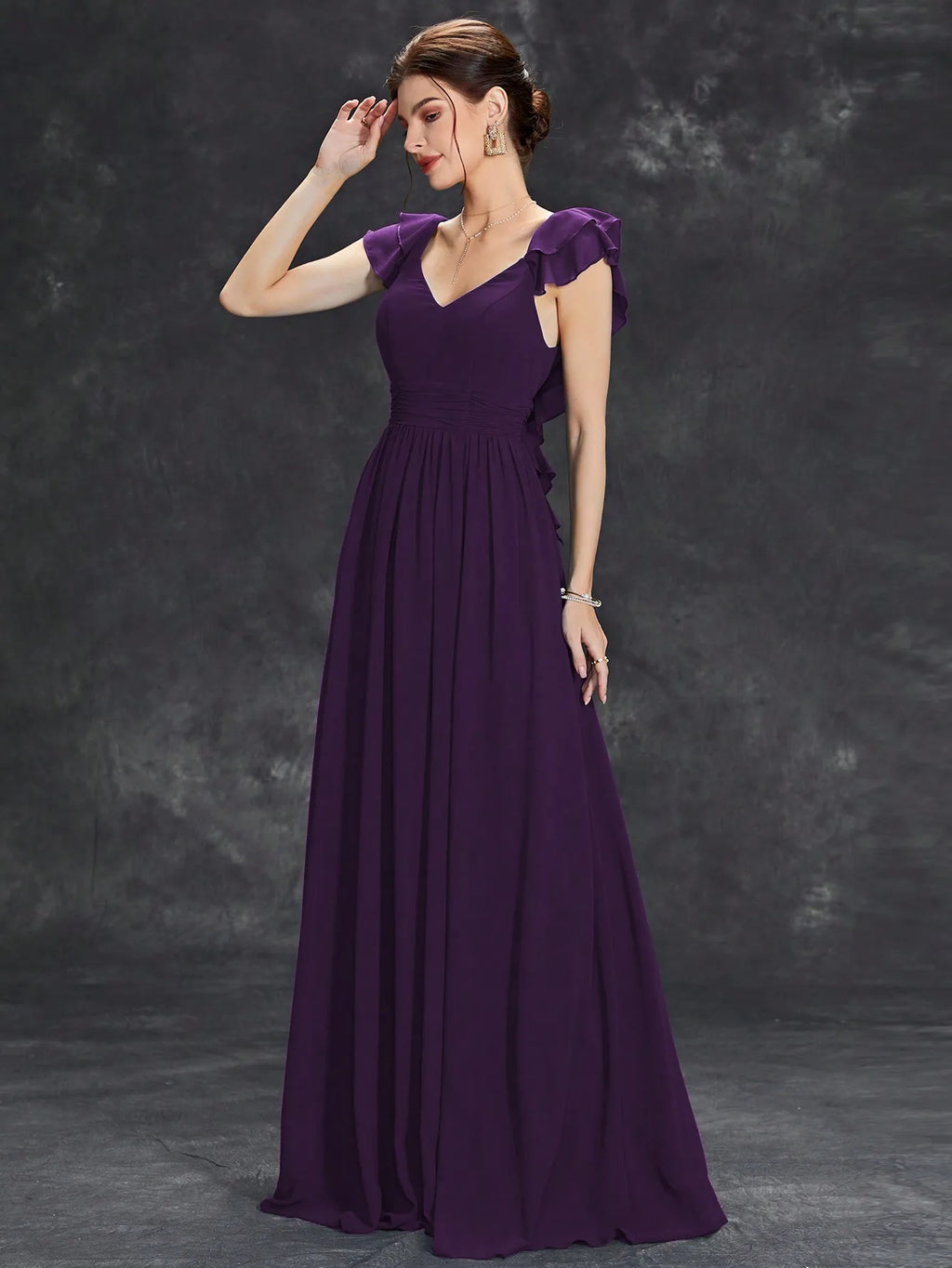 Mgiacy V-neck cap sleeve ruffle lace Extra long evening gown Ball dress Party dress Bridesmaid dress