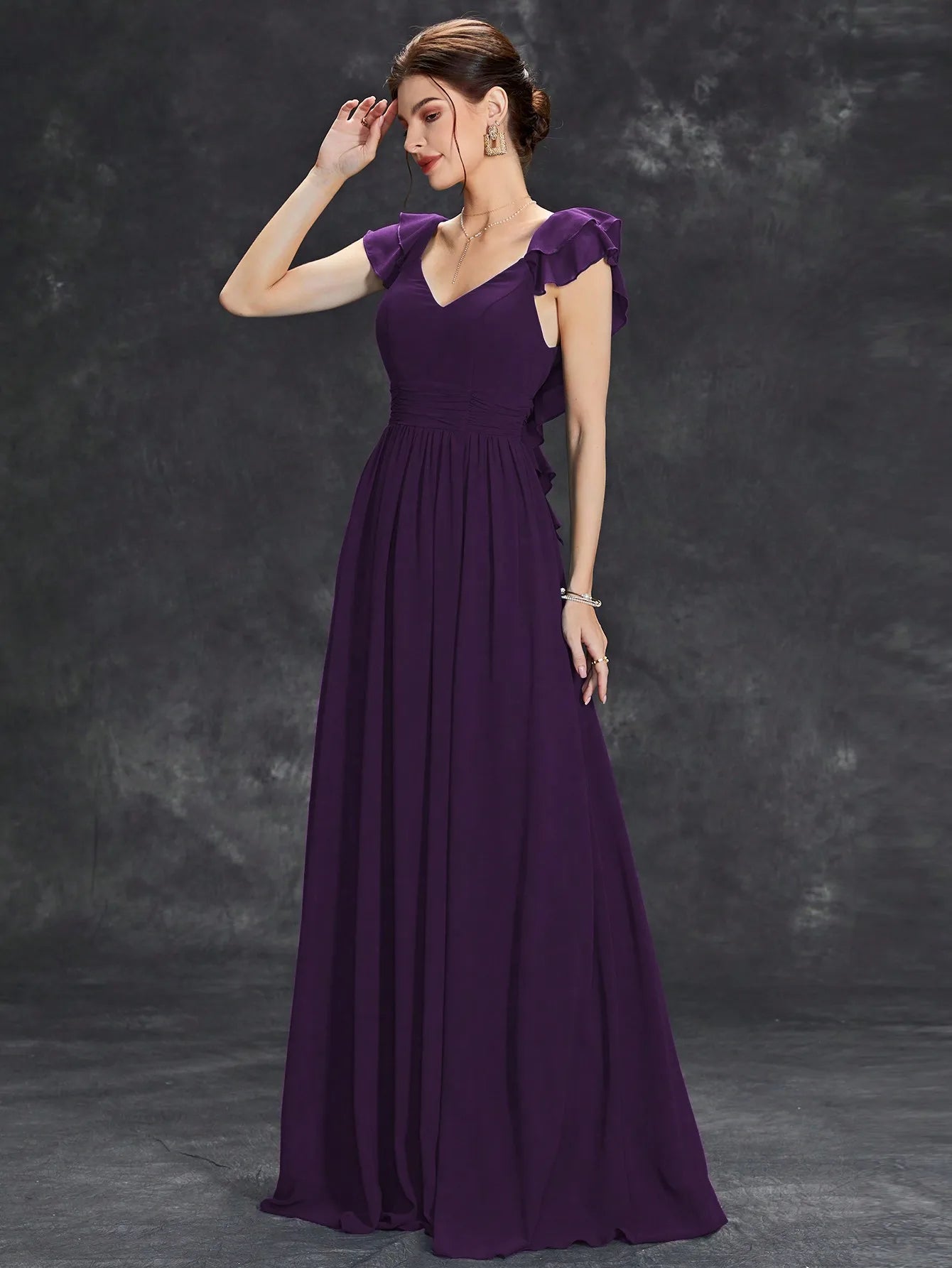Mgiacy V-neck cap sleeve ruffle lace Extra long evening gown Ball dress Party dress Bridesmaid dress