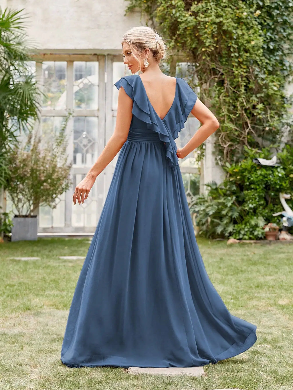 Mgiacy V-neck cap sleeve ruffle lace Extra long evening gown Ball dress Party dress Bridesmaid dress