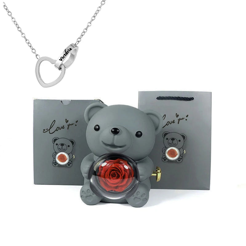 2026 Heart Engraved Name Necklace and Rotating Eternal Rose Flower Hug Bear Jewelry Box Lovely Bear  for Girl/Women