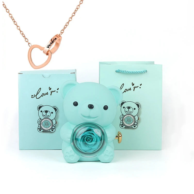 2026 Heart Engraved Name Necklace and Rotating Eternal Rose Flower Hug Bear Jewelry Box Lovely Bear  for Girl/Women