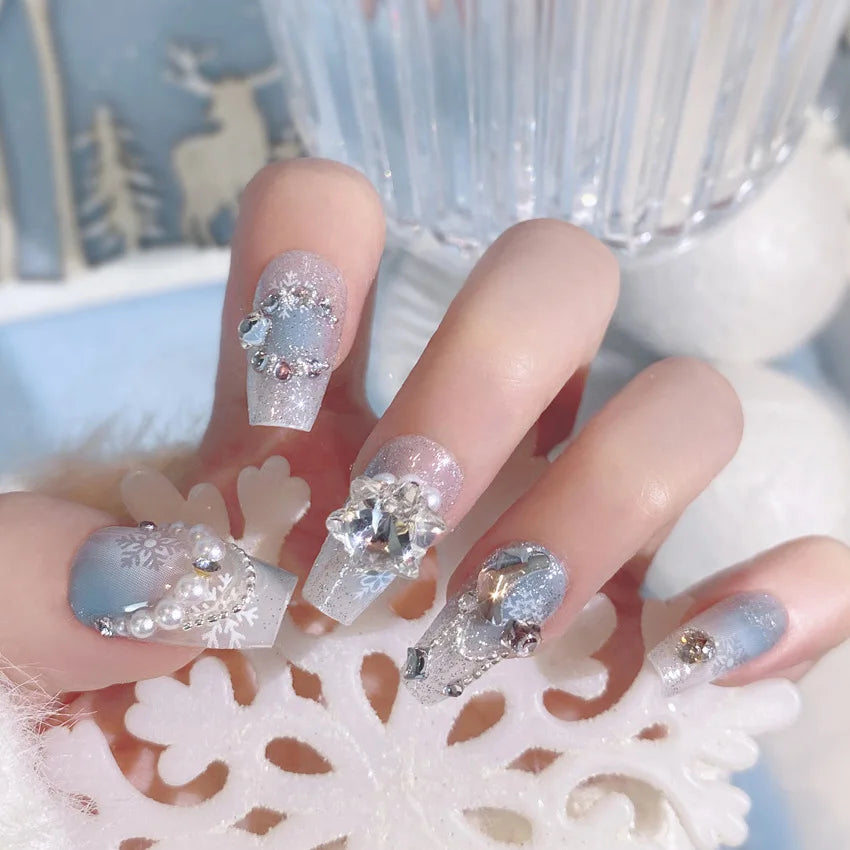 Blush Pink False Nails Bowknot Diamond Pearl 3D Design Press on Nail Tips with Harmless Smooth Edge Nails Woman DIY Fake Nails