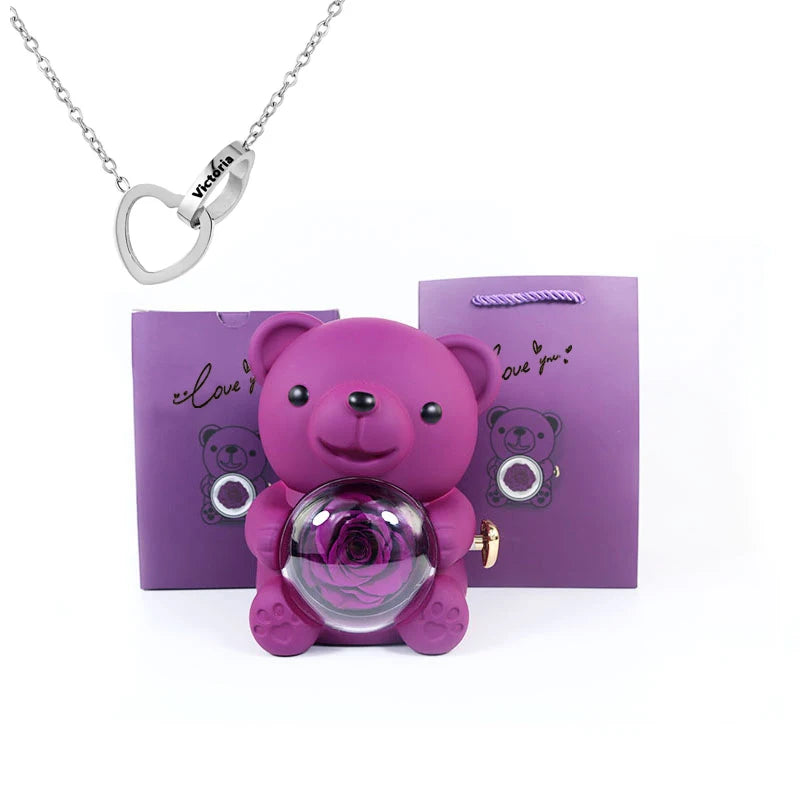 2026 Heart Engraved Name Necklace and Rotating Eternal Rose Flower Hug Bear Jewelry Box Lovely Bear  for Girl/Women
