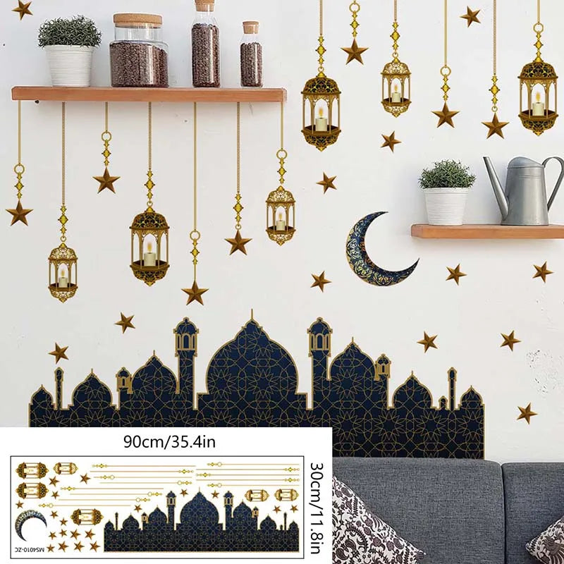 Eid Mubarak Moon Star Lantern Wall Decal 2025 Ramadan Kareem Decorations Home Wall Window Sticker Muslim Islamic Party Supplies