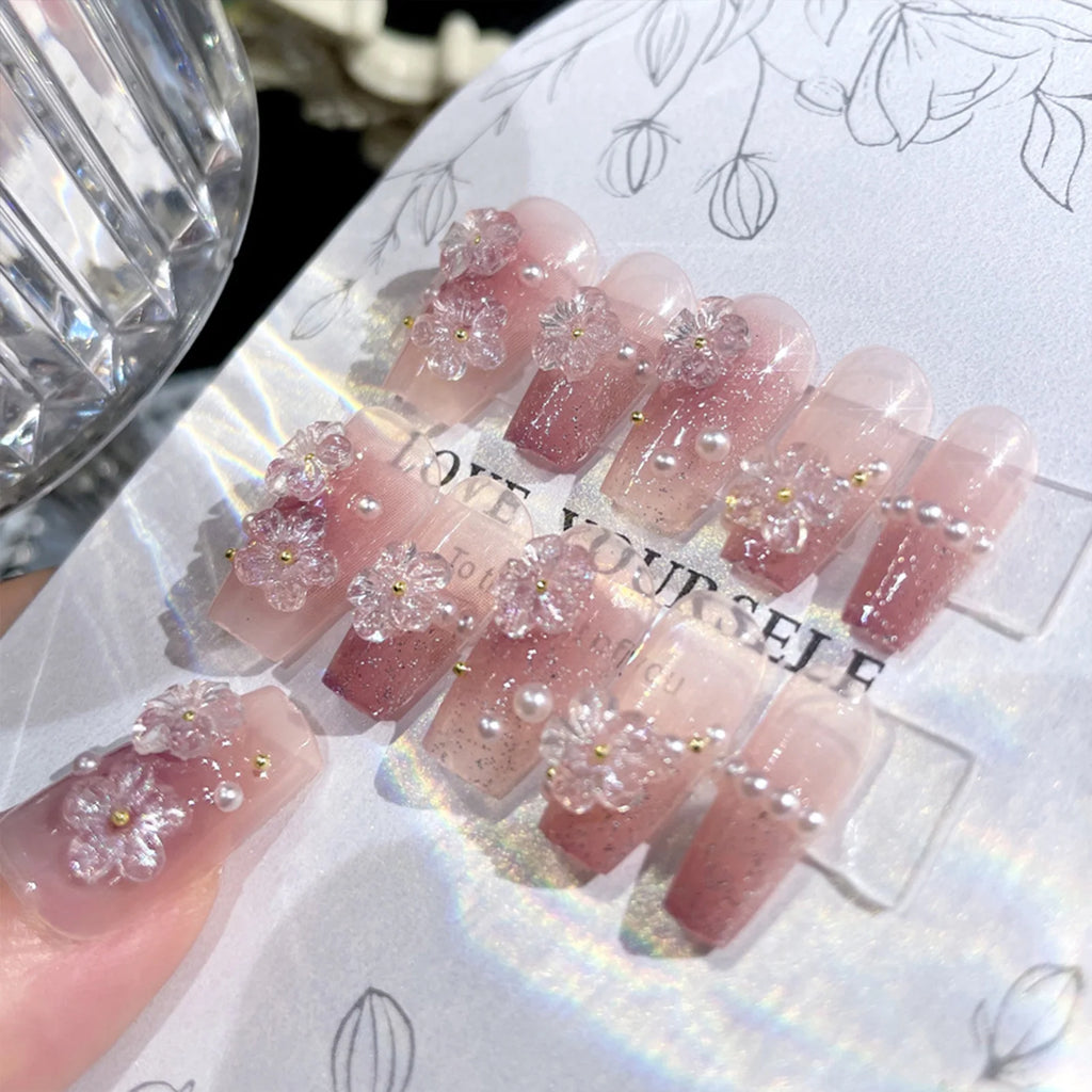 Blush Pink False Nails Bowknot Diamond Pearl 3D Design Press on Nail Tips with Harmless Smooth Edge Nails Woman DIY Fake Nails