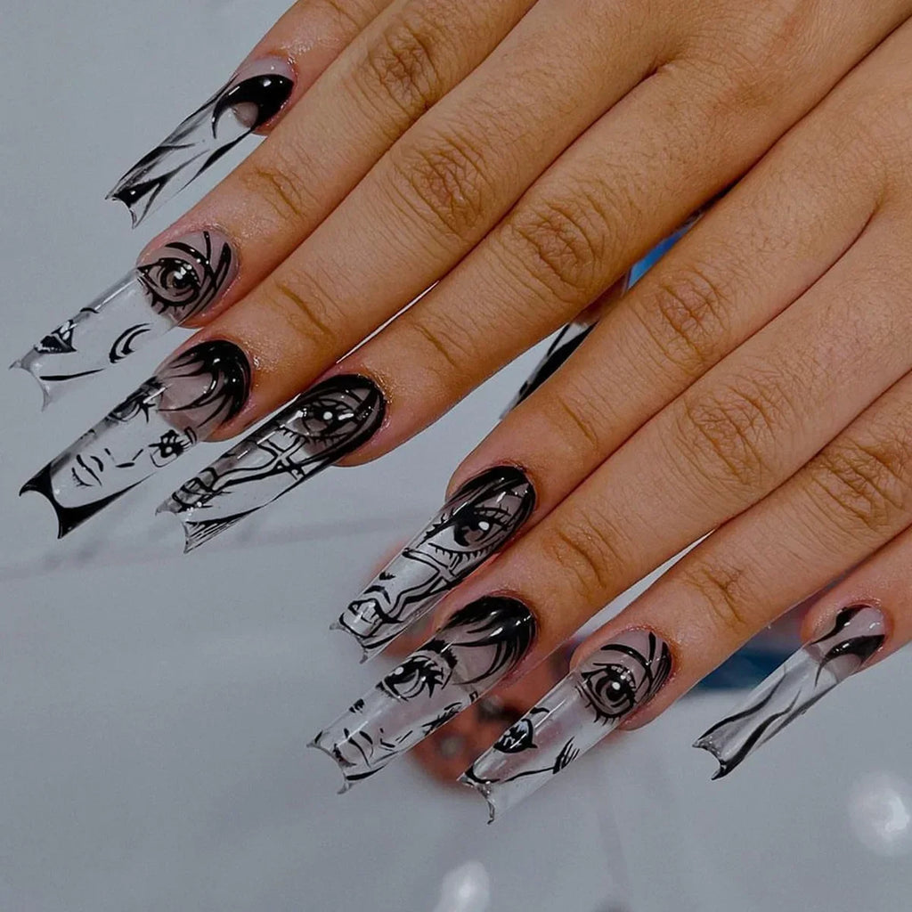 24Pcs Long pointed Halloween False Nails White Irregular Flame Stripes Nail Art Fake Nail Stickers For Women and Girls