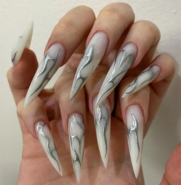 24Pcs Long pointed Halloween False Nails White Irregular Flame Stripes Nail Art Fake Nail Stickers For Women and Girls