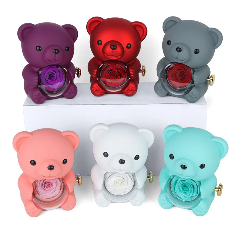2026 Heart Engraved Name Necklace and Rotating Eternal Rose Flower Hug Bear Jewelry Box Lovely Bear  for Girl/Women