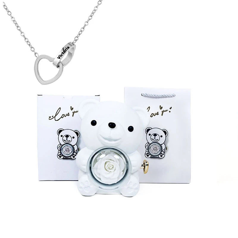 2026 Heart Engraved Name Necklace and Rotating Eternal Rose Flower Hug Bear Jewelry Box Lovely Bear  for Girl/Women