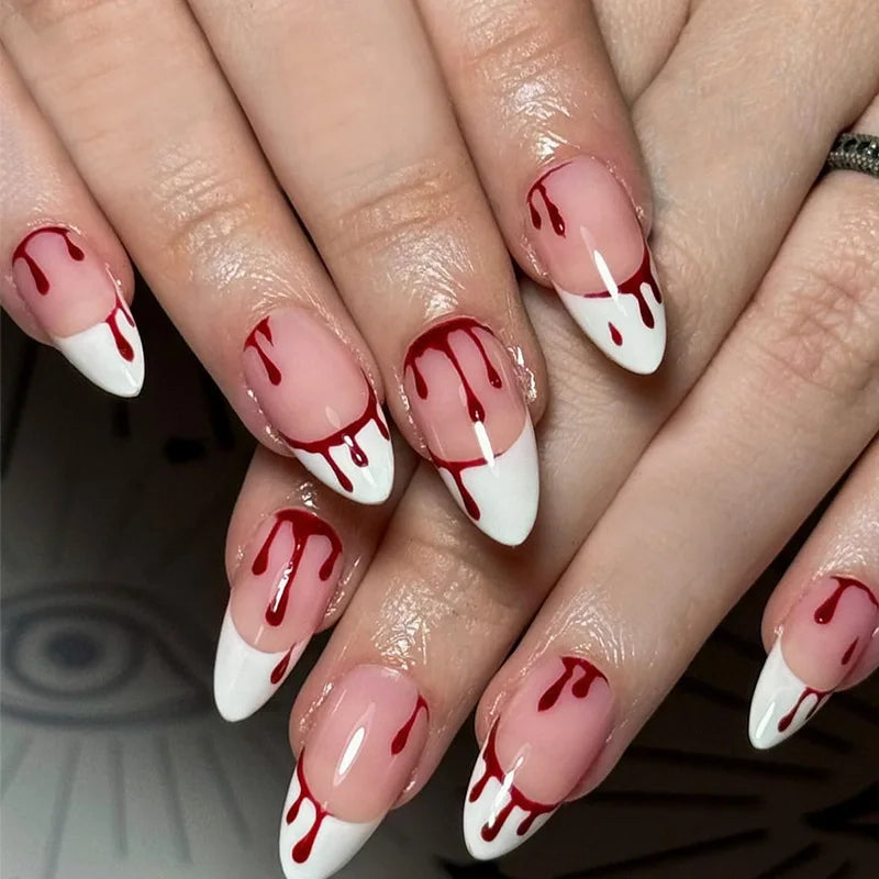 24PCS Halloween False Nails Red Gradient Skull Blood Horror Eye Pattern French Press on Nails Full Cover Wearable Fake Nails Art