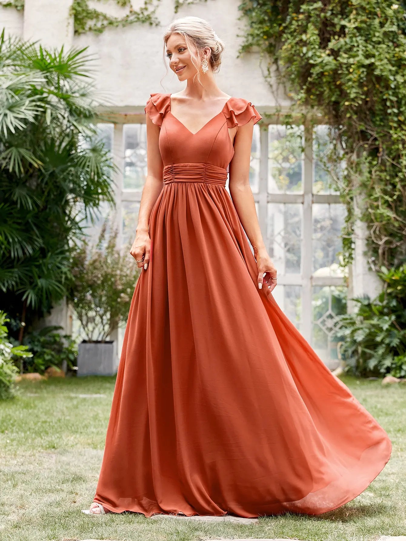 Mgiacy V-neck cap sleeve ruffle lace Extra long evening gown Ball dress Party dress Bridesmaid dress