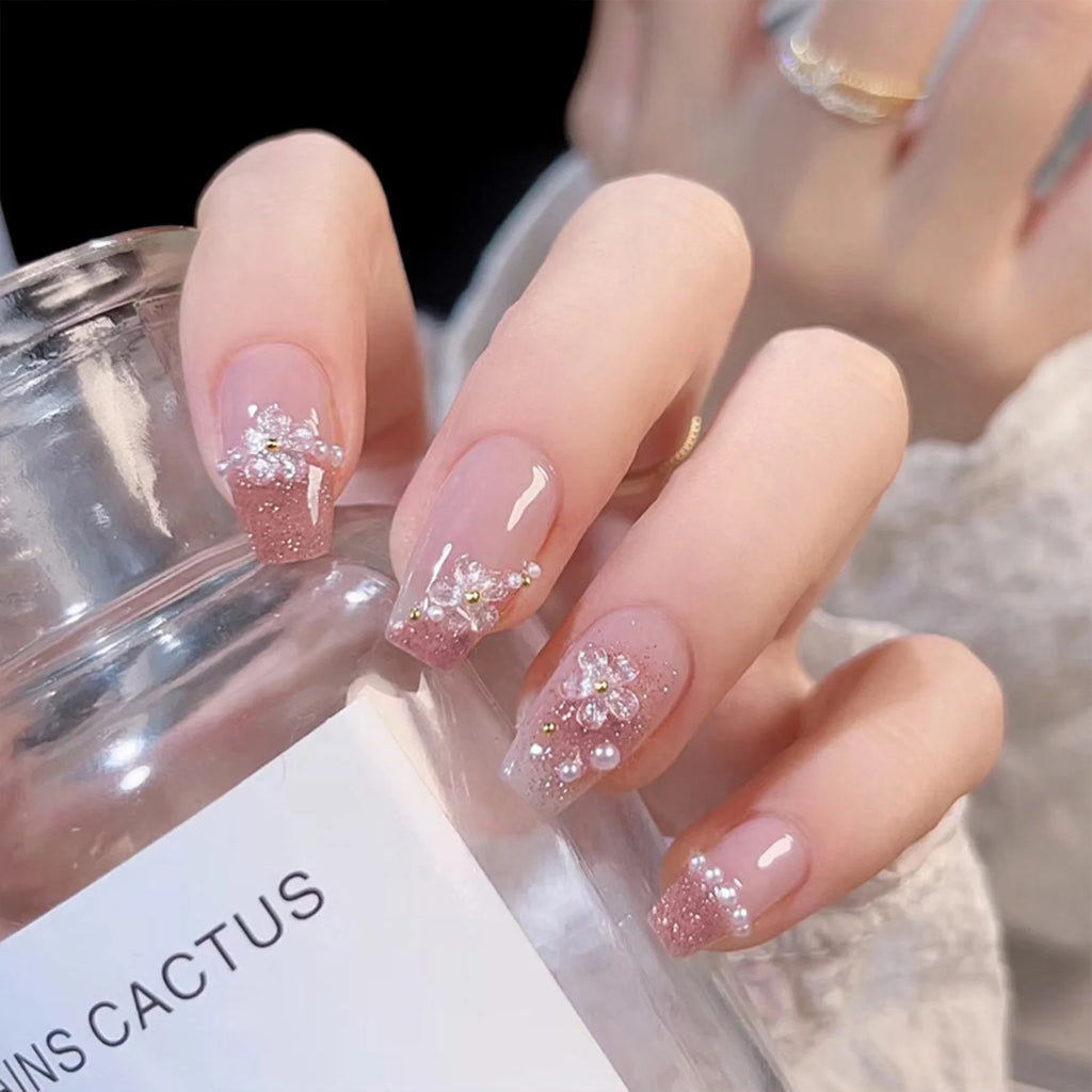 Blush Pink False Nails Bowknot Diamond Pearl 3D Design Press on Nail Tips with Harmless Smooth Edge Nails Woman DIY Fake Nails