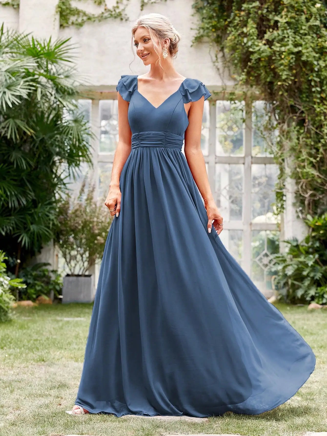 Mgiacy V-neck cap sleeve ruffle lace Extra long evening gown Ball dress Party dress Bridesmaid dress