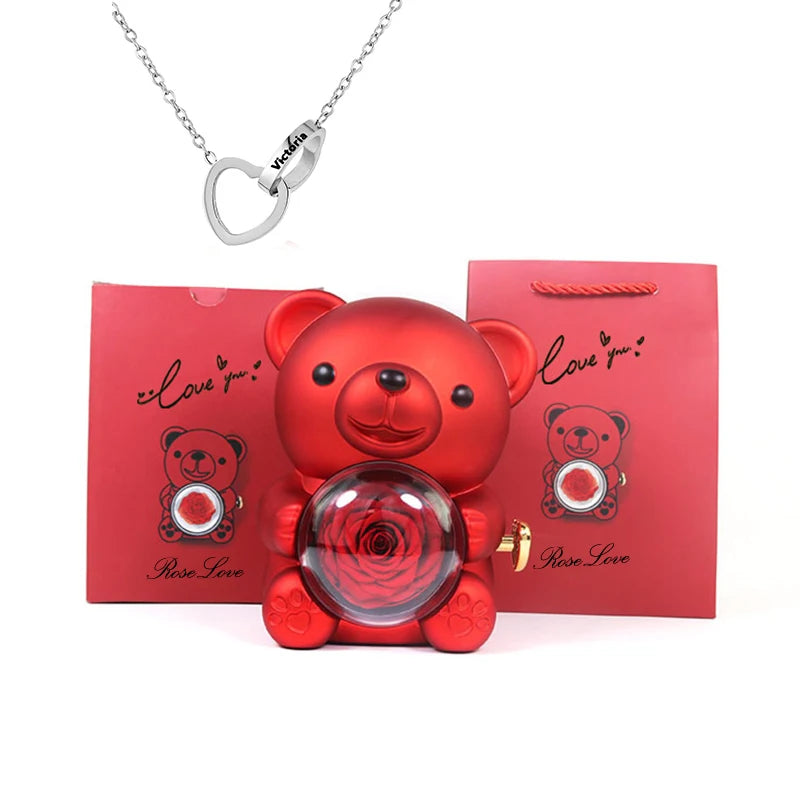 2026 Heart Engraved Name Necklace and Rotating Eternal Rose Flower Hug Bear Jewelry Box Lovely Bear  for Girl/Women
