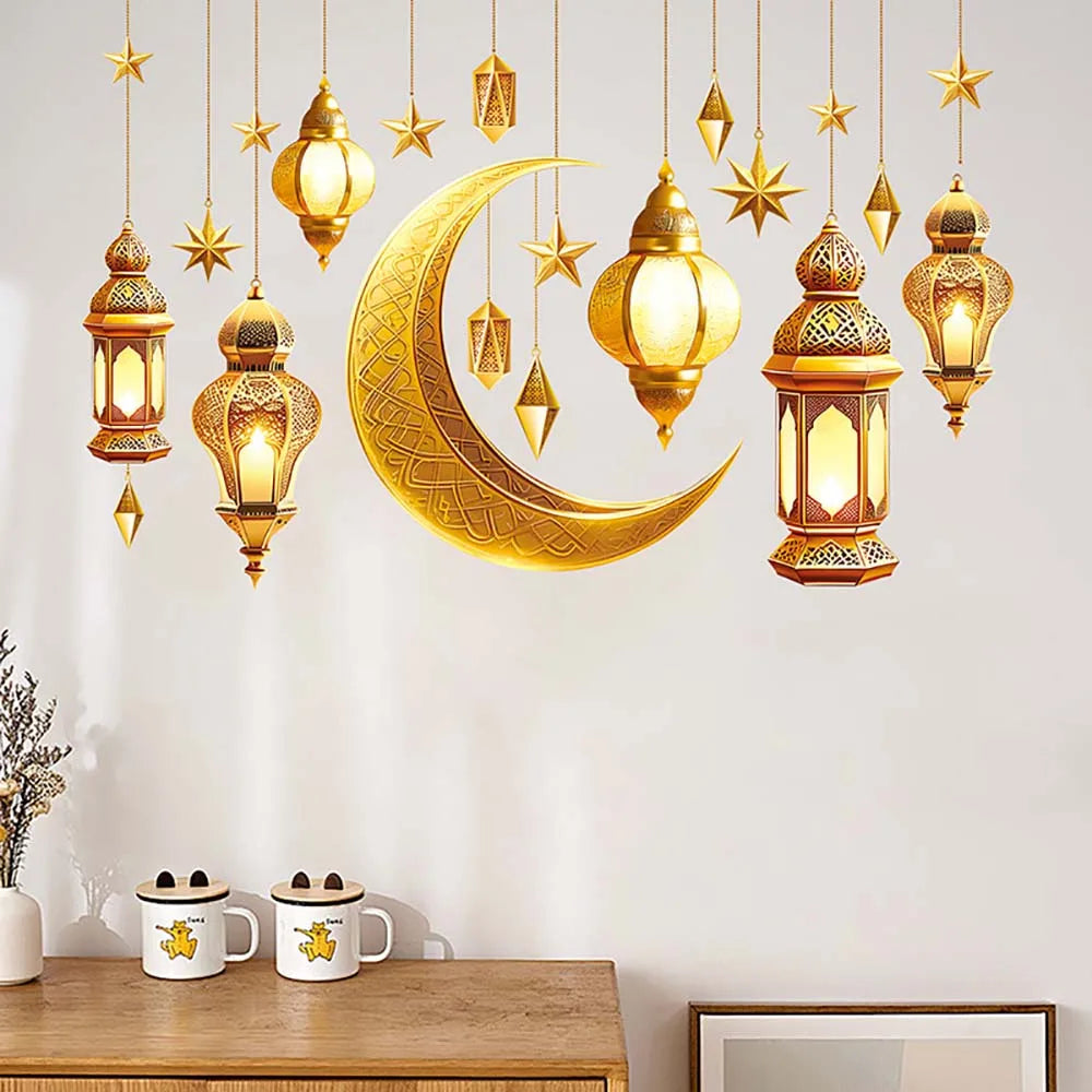Eid Mubarak Moon Star Lantern Wall Decal 2025 Ramadan Kareem Decorations Home Wall Window Sticker Muslim Islamic Party Supplies