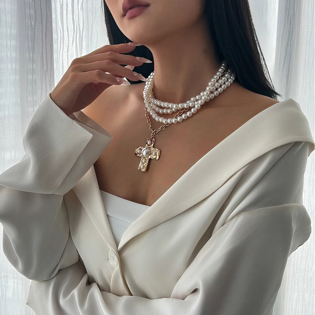 Ingemark Multilayer Imitation Pearl Chain Necklace Women Trendy 2025 Goth Big Jesus Cross Pendant Choker New Year Jewelry Gift