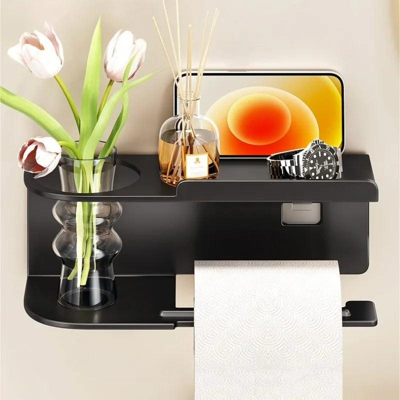 Wall-Mounted Bathroom Toilet Paper Holder with Roll Dispenser and Storage Shelf – Space-Saving Organizer for Home Restroom