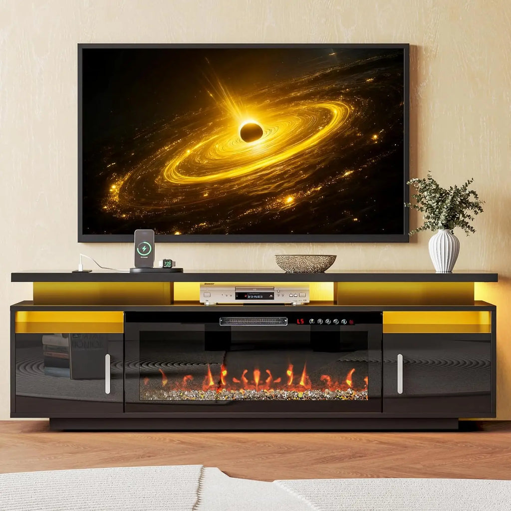 TV Stand with Fireplace, 67in Entertainment Center with Opening Shelves Modern Storage Cabinets and LED Lights, for, Customized