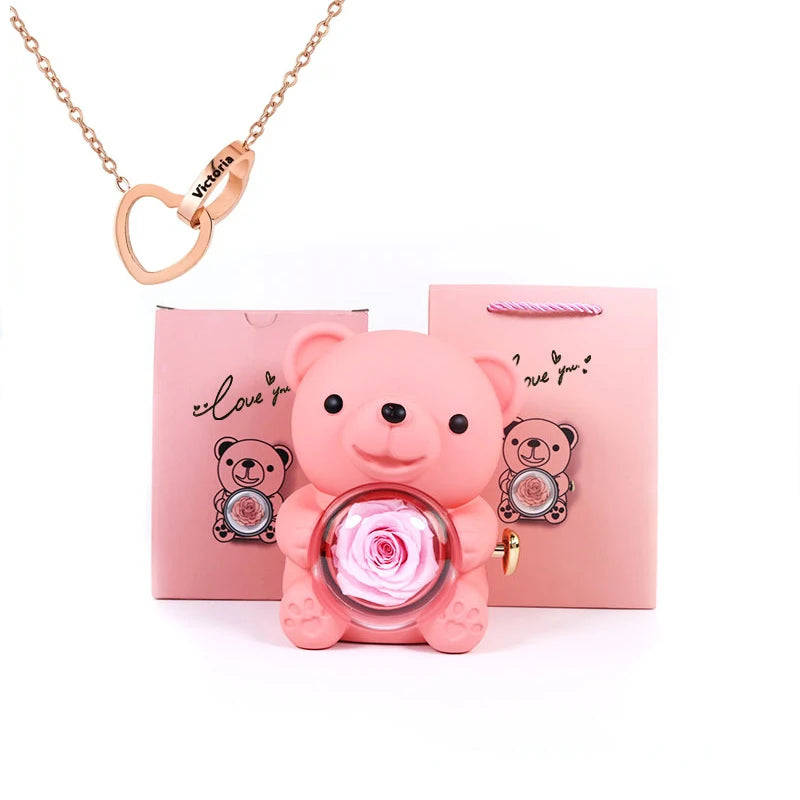 2026 Heart Engraved Name Necklace and Rotating Eternal Rose Flower Hug Bear Jewelry Box Lovely Bear  for Girl/Women