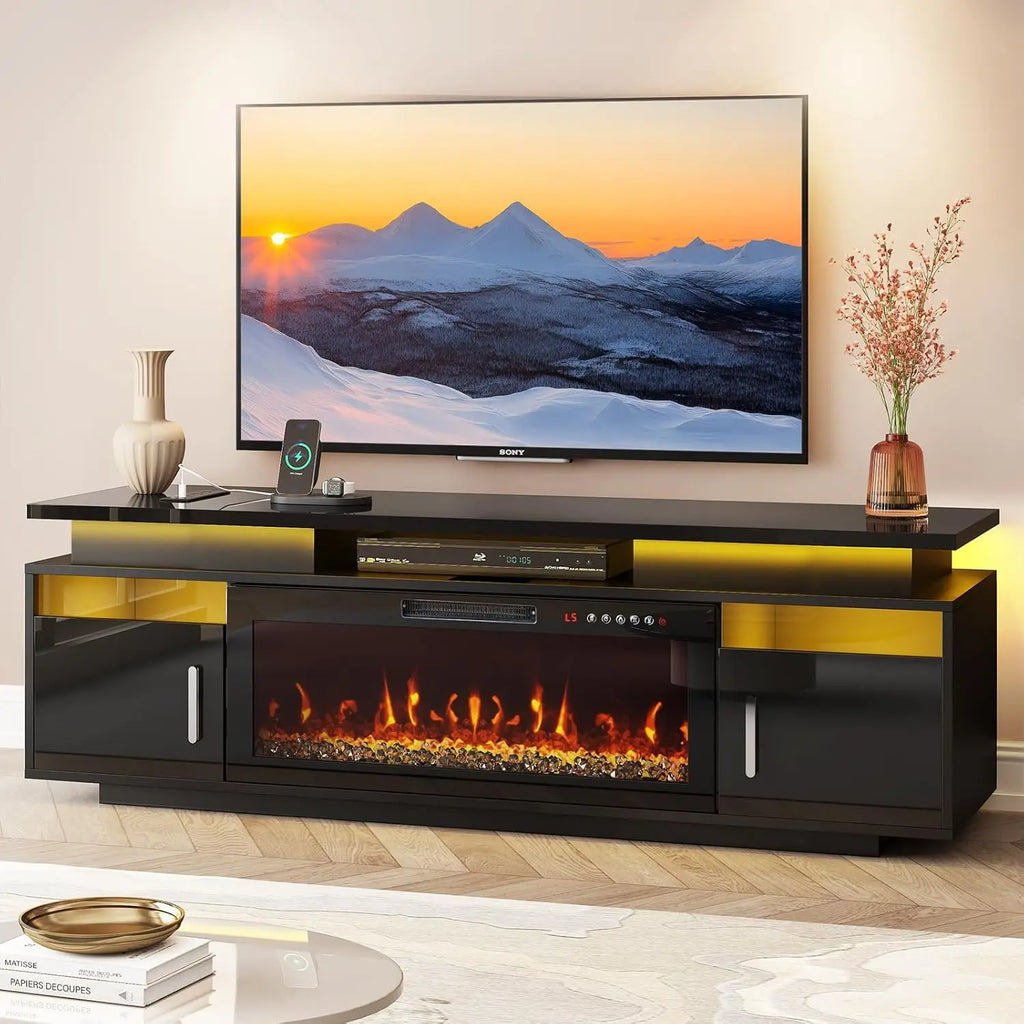 TV Stand with Fireplace, 67in Entertainment Center with Opening Shelves Modern Storage Cabinets and LED Lights, for, Customized