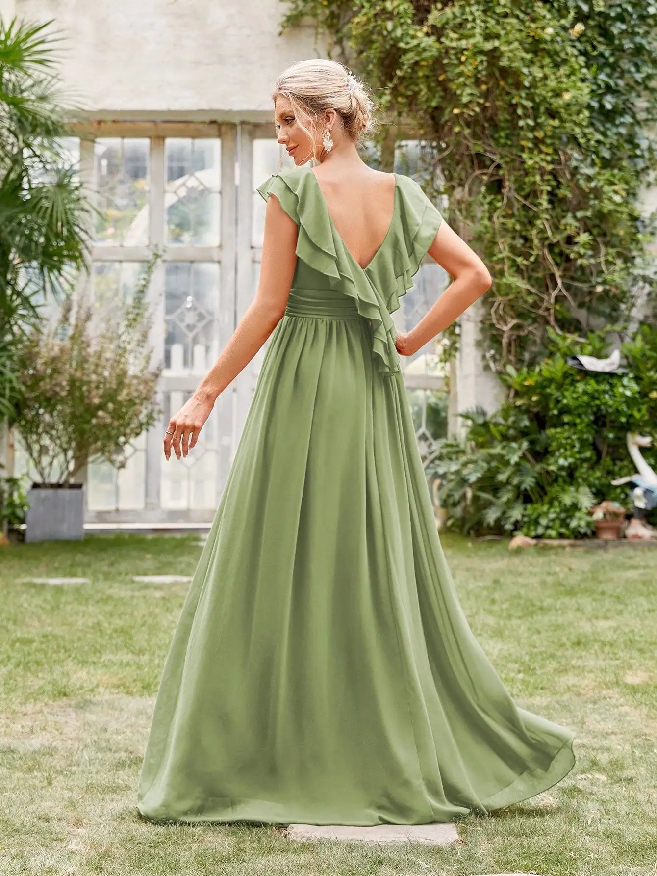 Mgiacy V-neck cap sleeve ruffle lace Extra long evening gown Ball dress Party dress Bridesmaid dress