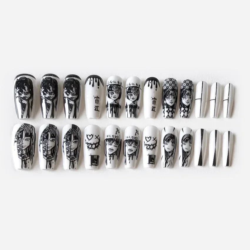 24Pcs Long pointed Halloween False Nails White Irregular Flame Stripes Nail Art Fake Nail Stickers For Women and Girls