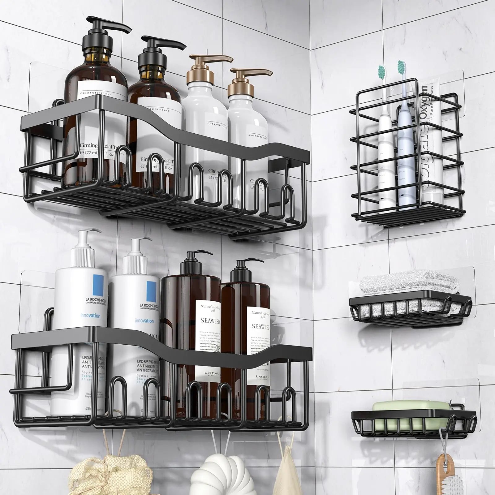 5pcs/set Adhesive Shower Caddy 5 Pack Rustproof Stainless Steel Bath Organizers With Large Capacity, No Drilling Shelves