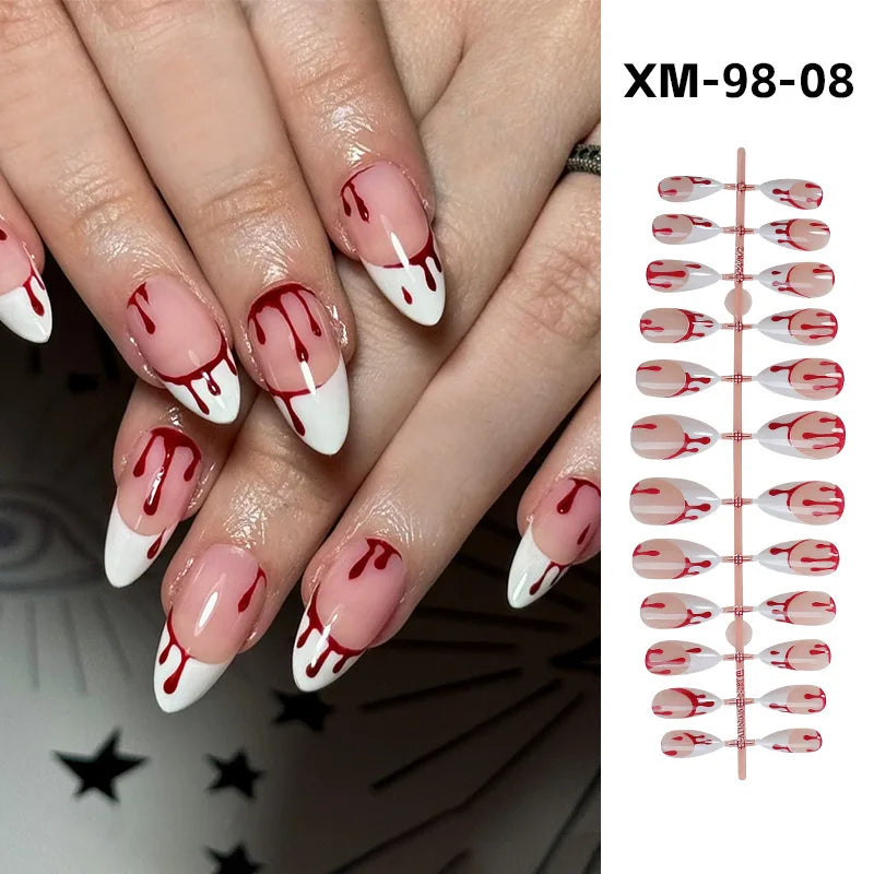 24pcs Blood Drop French Nails Set Almond Glossy Bat Decor Fake Nail Halloween Scary Punk Style Wearable Women Press False Nails